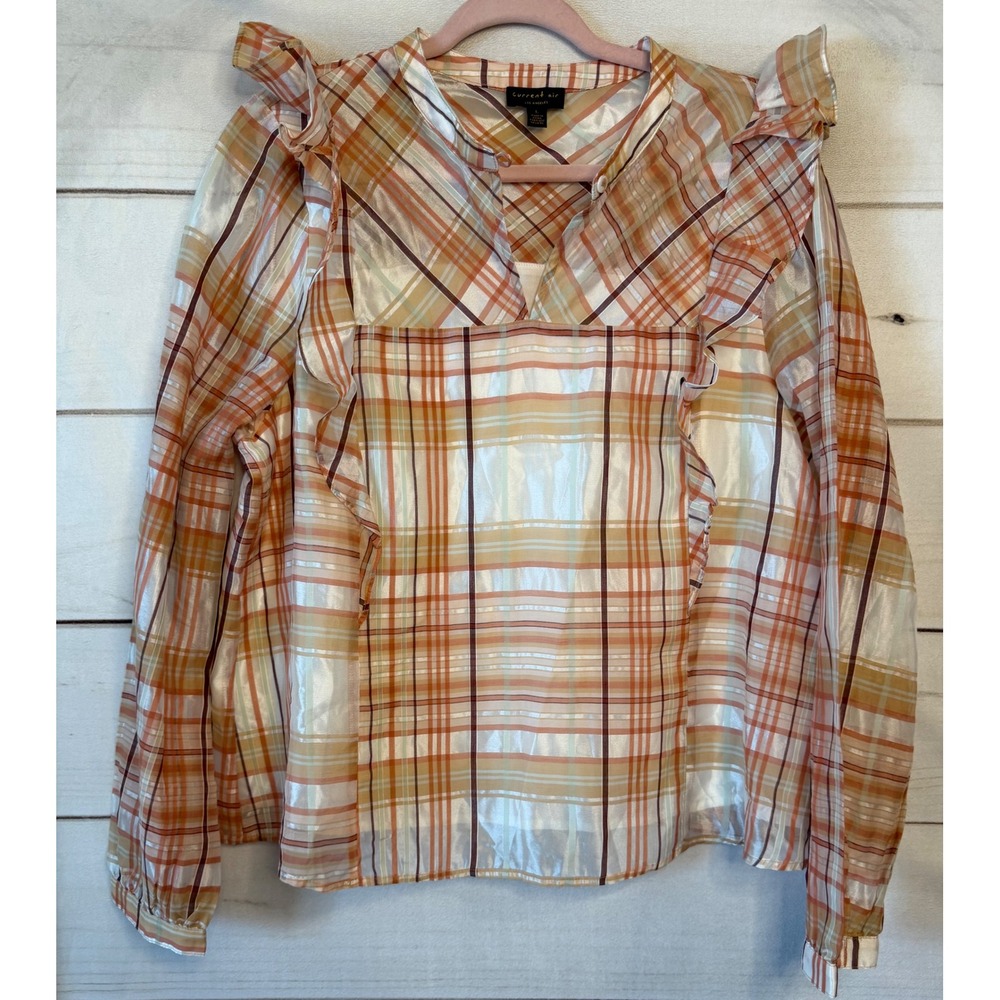Current Air Los Angeles Plaid Ruffle Blouse Orange Yellow Silk Blend Large